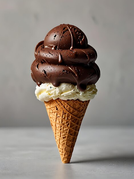 a ice cream cone with chocolate sauce on it