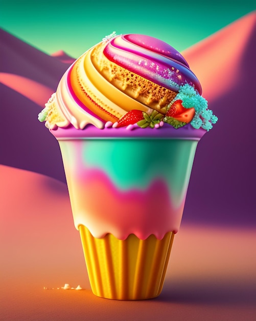 An ice cream cone with a colorful design on the top.