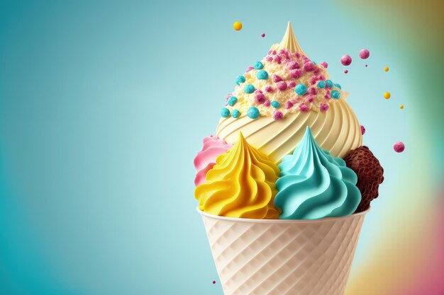 An ice cream cone with colorful icing and a sprinkle of sprinkles.