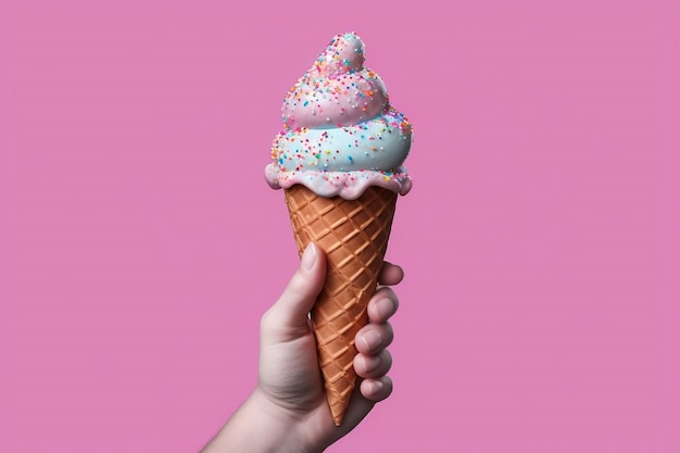 Ice cream cone with colorful sprinkles held in a hand AI