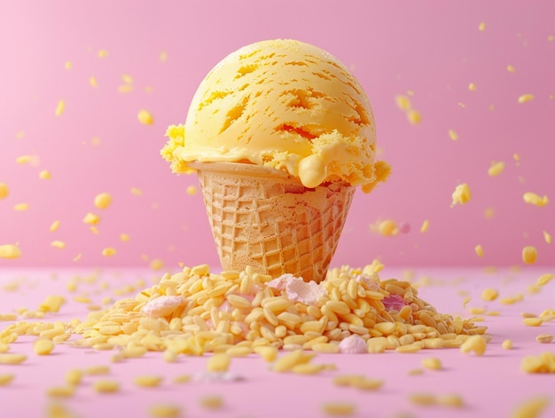 a ice cream cone with corn on it and a pink background