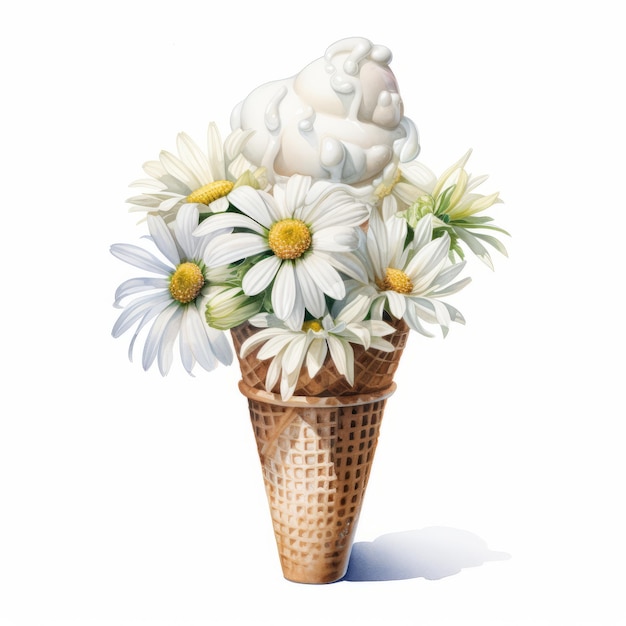 Ice cream cone with daisies and chamomile flowers