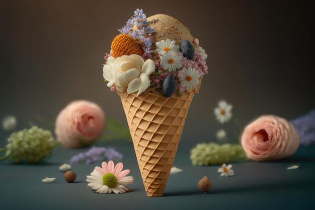 Ice cream cone with flowers Spring and summer Floral style Flat lay AI Generation