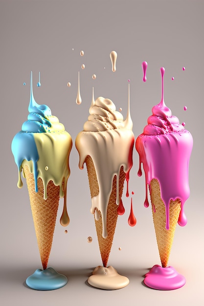 Ice cream cone with flowing multicolored droplets on pastel background 3D rendering AI generated