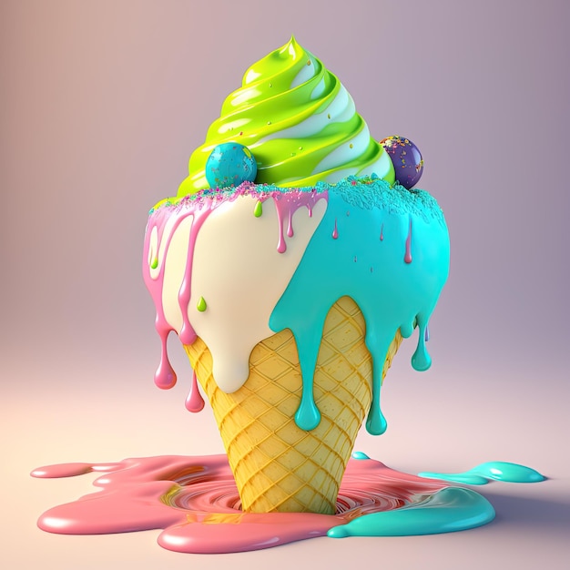 Ice cream cone with flowing multicolored droplets on pastel background 3D rendering AI generated