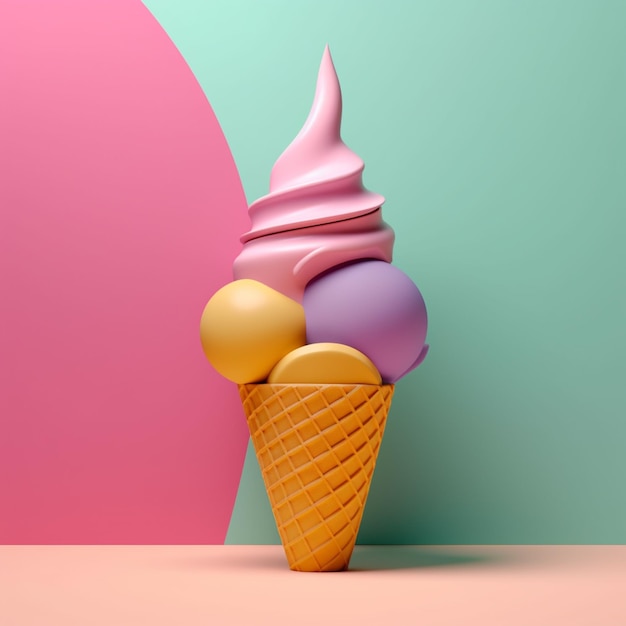 Ice cream cone with geometric objects in summer concept in trending color palette for advertising with Generative AI