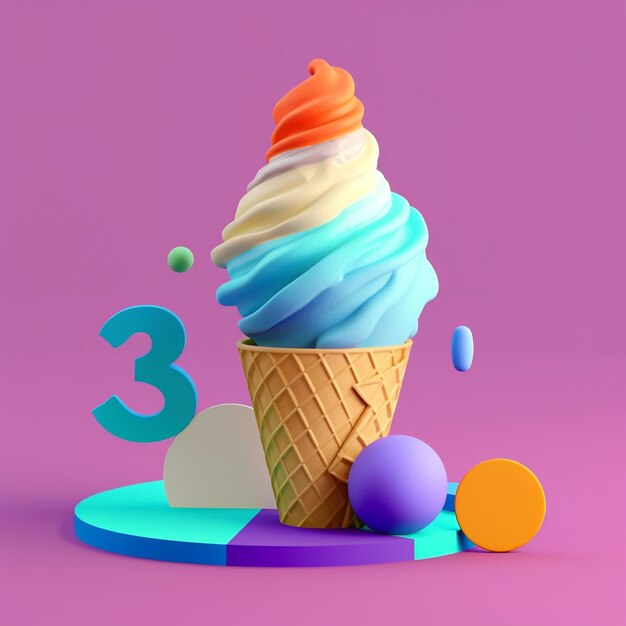 Ice cream cone with geometric objects in summer concept in trending color palette for advertising with Generative AI