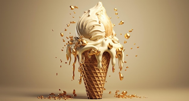 Photo a ice cream cone with gold splashing