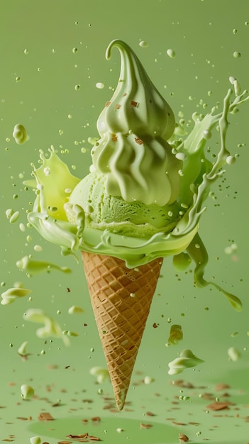 Photo ice cream cone with green liquid splashing