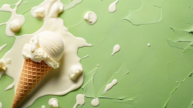 Photo ice cream cone with ice cream on a green background