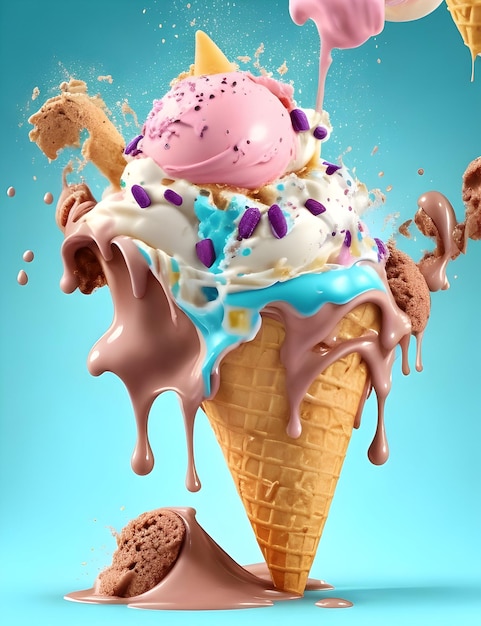 A ice cream cone with ice cream and ice cream in the background