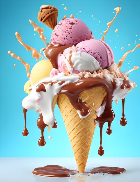 A ice cream cone with ice cream and ice cream in the background