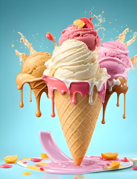 A ice cream cone with ice cream and ice cream in the background