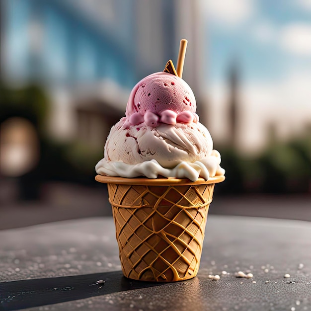 an ice cream cone with ice cream on top of it