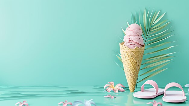 Photo ice cream cone with a palm leaf on the top