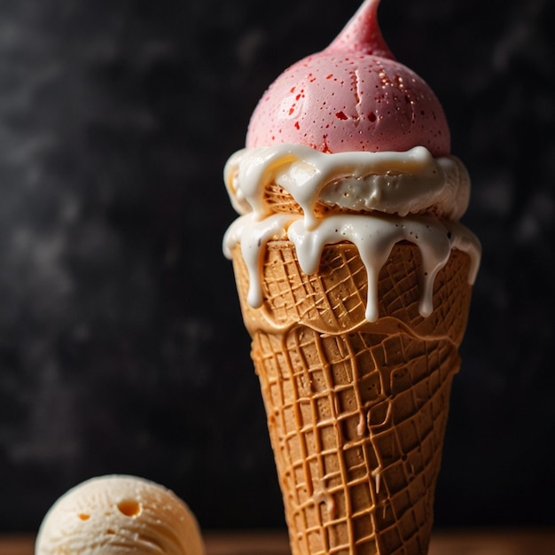 a ice cream cone with a pink ice cream cone on top