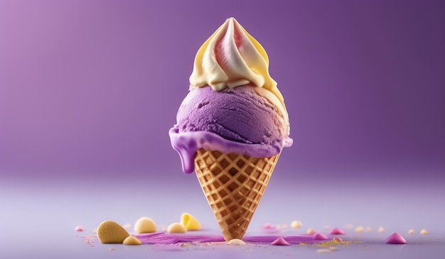 A ice cream cone with a purple background with a purple background