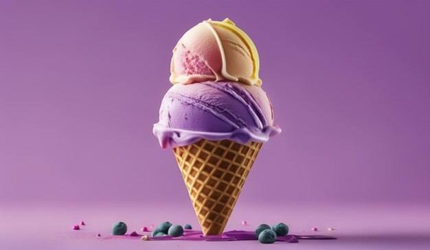 A ice cream cone with purple and pink colors