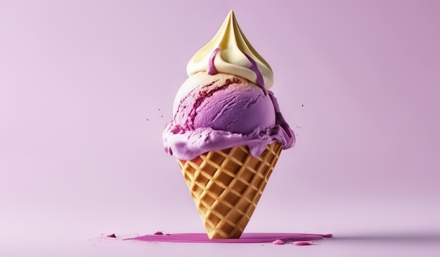 A ice cream cone with purple and pink ice cream on a purple background