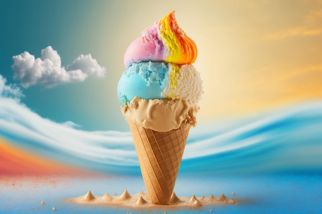 An ice cream cone with a rainbow on the top