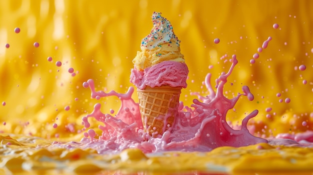 Ice cream cone with a splash of pink paint