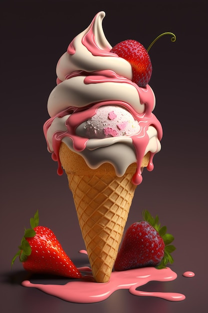 Ice cream cone with strawberries Generative AI