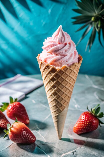 a ice cream cone with strawberries on it sits on a table