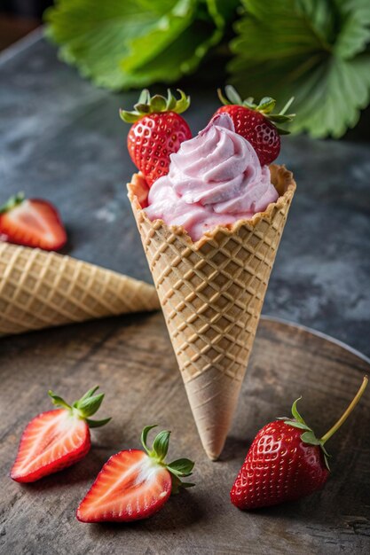 a ice cream cone with strawberries on it sits on a table