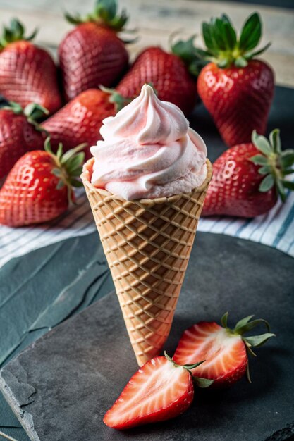 a ice cream cone with strawberries on it