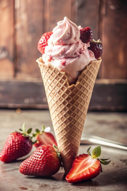 a ice cream cone with strawberries and a strawberries in it