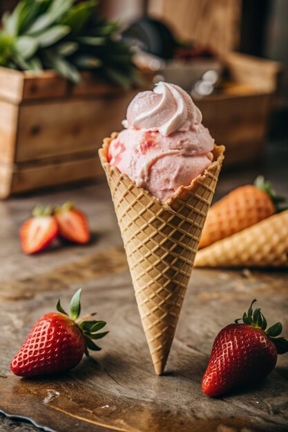 a ice cream cone with strawberries and strawberries on a wooden table