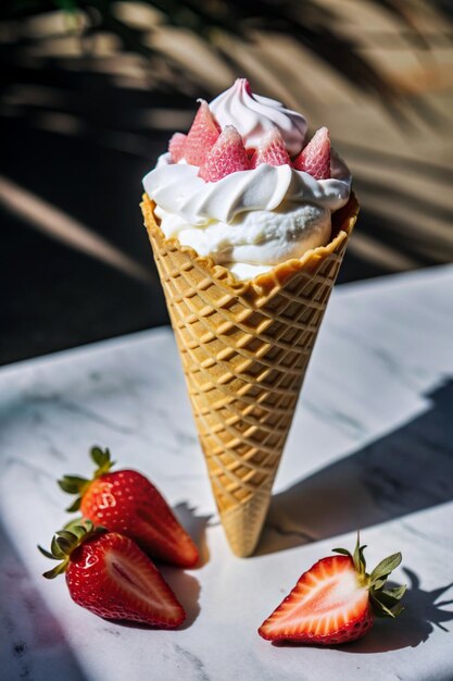 a ice cream cone with strawberries on top of it