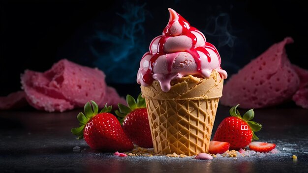 Photo a ice cream cone with strawberry and strawberry ice cream