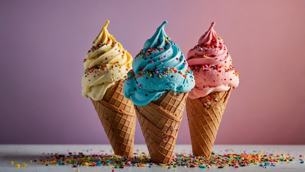 Ice cream cone with three scoops of different flavors