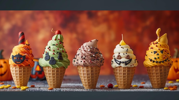 Ice cream cones dressed up in holiday themes Christmas Halloween Generative AI