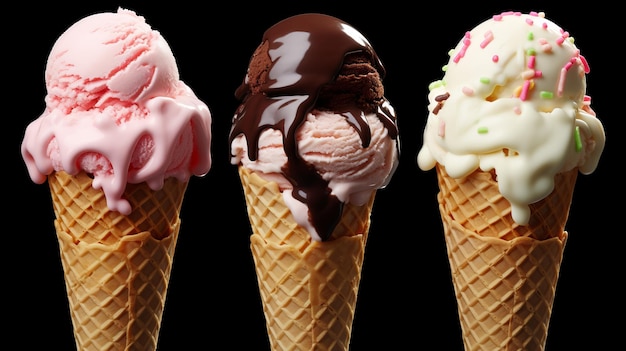 Ice cream cones multicolored isolated on black background