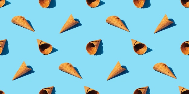 Ice cream cones pattern Sweet summer and empty concept Top view Flat lay