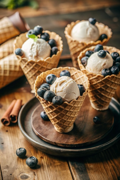 ice cream cones with blueberries on a tray