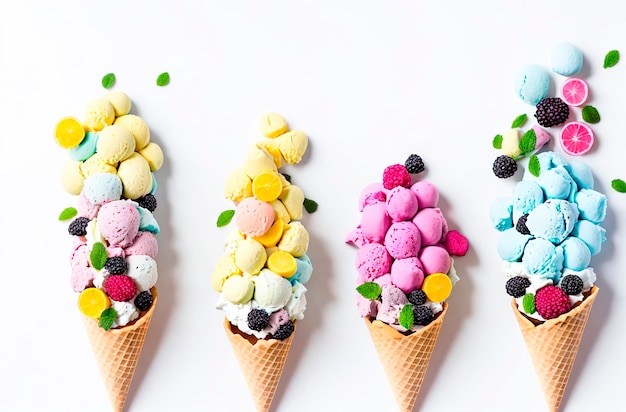 Ice cream cones with different flavors on them on a white background