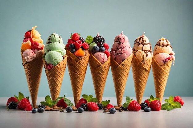 Ice cream cones with fresh berries and mint on a light background