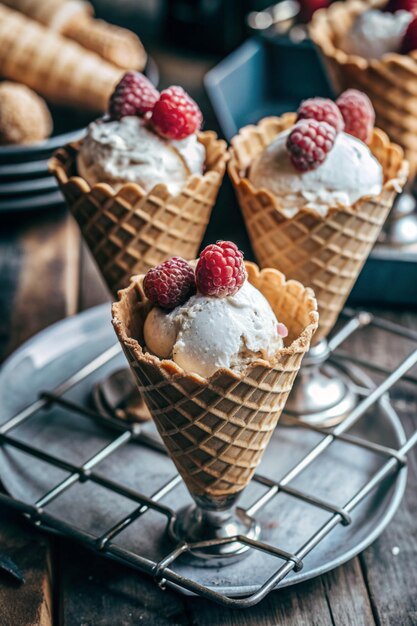 ice cream cones with raspberries on top and a strawberries in the middle