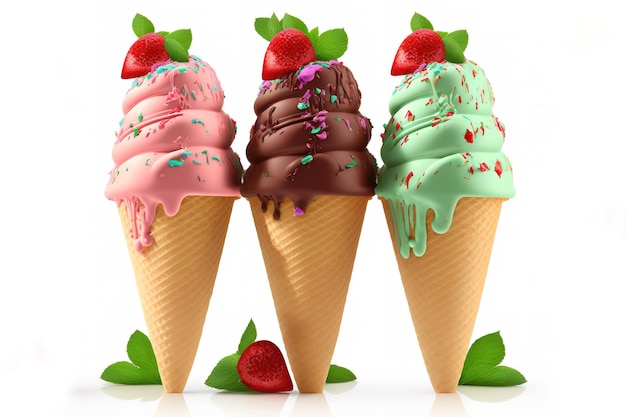 Ice cream cones with vivid strawberry chocolate and mint scoops isolated on a white backdrop