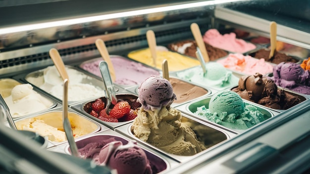 Photo a ice cream container with ice cream and strawberries in it