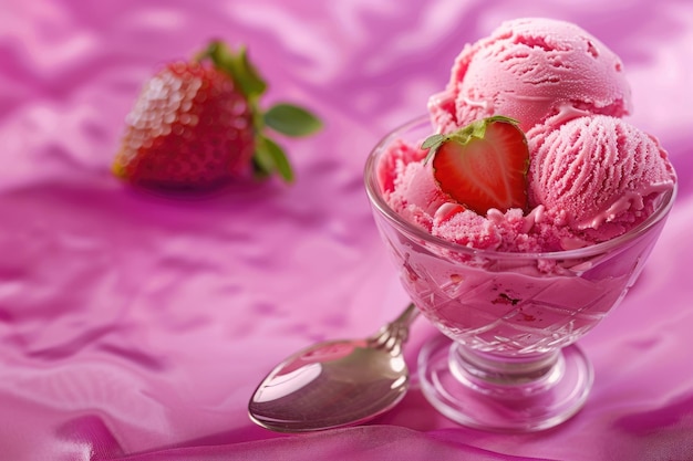 Ice Cream Dessert Sweet Strawberry Ice Cream in Pink Bowl with Spoon