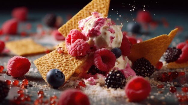 Ice Cream Dessert with Berries and Crackers