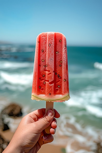 Photo ice cream in the form of a watermelon on a stick against the backdrop of the ocean and beach