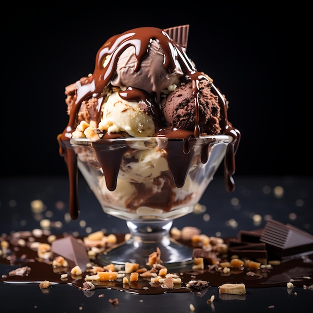 ice cream in glass bowl with chocolate and vanilla ice cream on wooden table