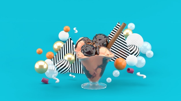 Ice cream in a glass cup surrounded by colorful balls on blue. 3d rendering.