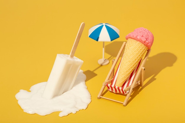 Ice cream in a hammock on a colored background Summer relaxation concept