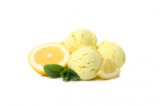 Ice cream, lemon slices and mint isolated on white surface